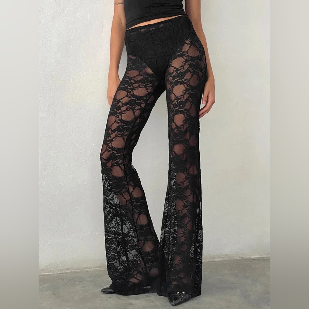 Black Lace Flared Pants with Built in Black Underwear Lining - M